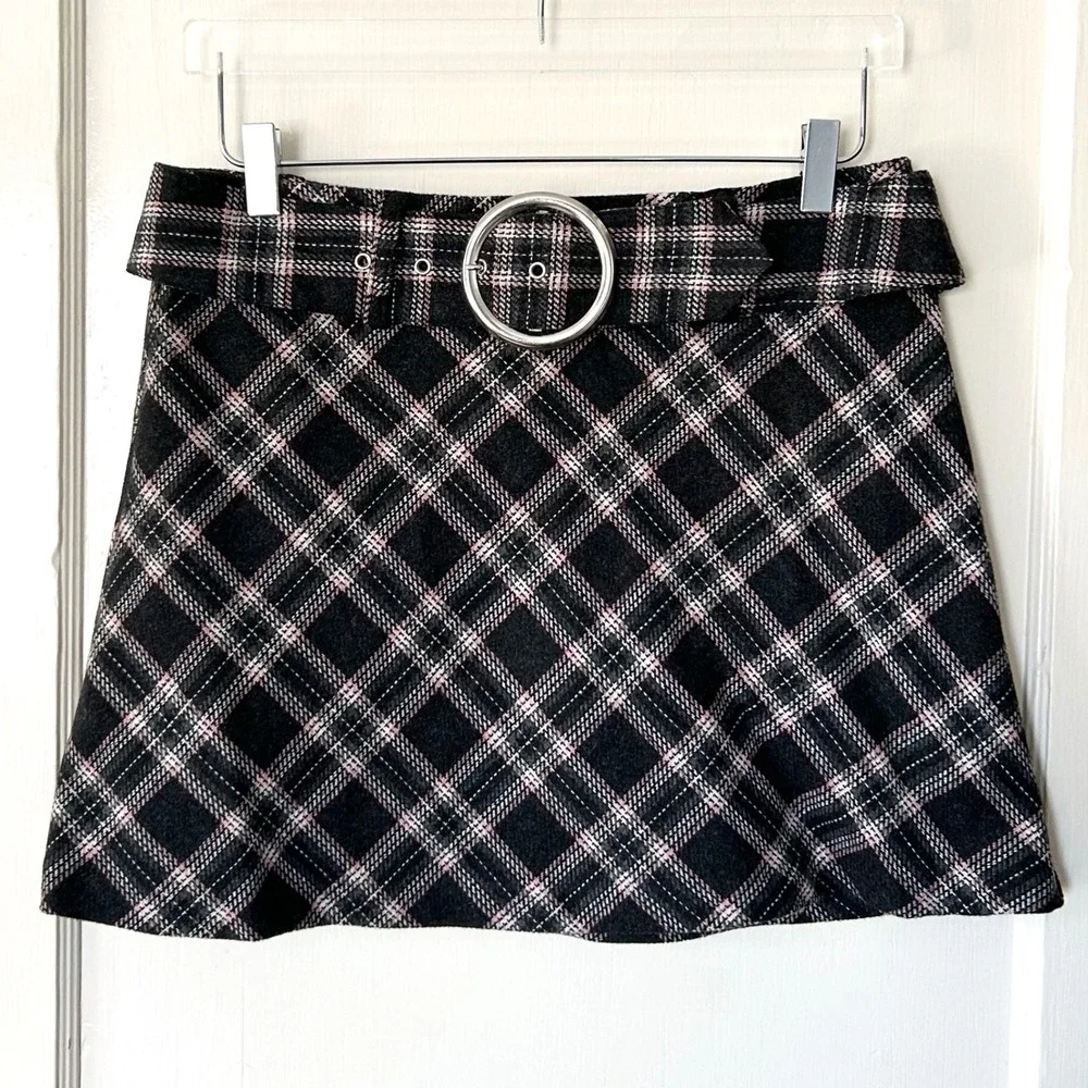 Vtg Y2K Exact Change Wool Belted Mini‎ Skirt Plaid 11 Grunge Bratz Preppy Twee
